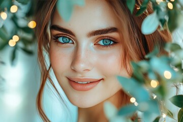 Poster - Close up portrait of a young woman with glowing freckles symbolizing natural beauty purity and the radiant joy of youth and innocence