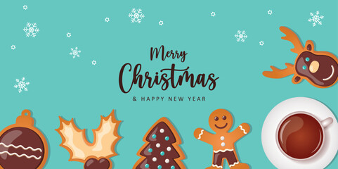 Poster - sweet tasty gingerbread cookies and coffee on christmas vector illustration