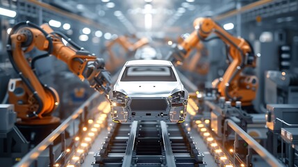 Poster - Car on an automated assembly line being worked on by robotic arms