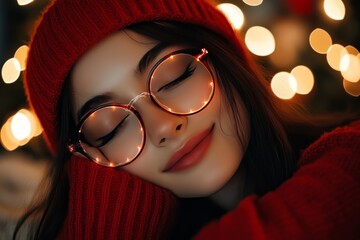 Poster - Woman with glowing glasses and a red beanie surrounded by bokeh lights symbolizing inner warmth self reflection and the comfort of personal space in a festive atmosphere