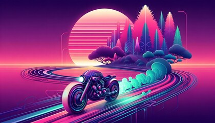 A futuristic steam bike speeding down bike with colorful steam and a minimal genetically modified bonsai forests on each side. In the background is a forest of abstract trees at sun