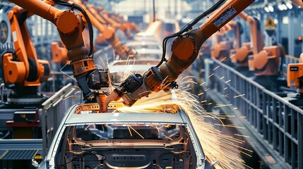 Poster - Robotic arms welding car chassis in automated manufacturing line for representing advanced automation precision engineering and modern industrial production concept.