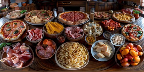 Wall Mural - An immersive 360-degree equirectangular panorama of a gourmet Italian feast, featuring a spread of freshly made pasta, wood-fired