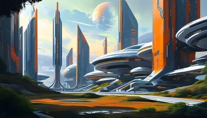 Wall Mural - Futuristic sci-fi architectural marvels in a vibrant urban landscape