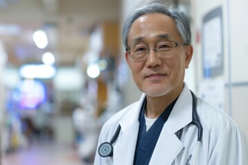 Wall Mural - Portrait of a middle aged Asian male doctor in hospital