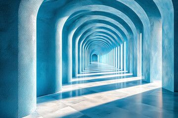 Poster - Pillared Perspective: Corridor 3D Background Soft Blue Hues, Shadows and Curves.
