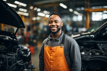 Wall Mural - Smiling portrait of a man working in automotive factory