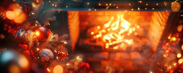 Warm and cozy Christmas scene featuring a glowing fireplace and festive decorations, perfect for holiday imagery.