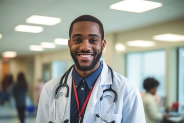 Wall Mural - Smiling portrait of a middle aged African American male doctor in hospital