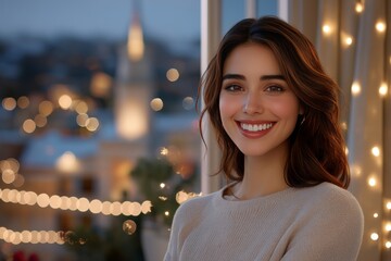 Wall Mural - Woman smiling against a cityscape at night symbolizing positivity warmth and the radiant energy of personal happiness in an urban environment