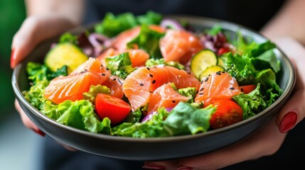 Wall Mural - Healthy Young woman holding Salted salmon salad bowl with fresh green lettuce,smoked salmon,tomato,Ketogenic,diet lunch bowl,enjoy eat clean vegetables after exercise,Healthy food concept.