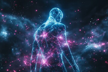 Canvas Print - Silhouette of a glowing human figure surrounded by a cosmic background symbolizing the vast connection between the universe and human consciousness