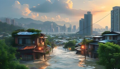 flooded urban landscape of an Asian city transformed by generative AI innovations