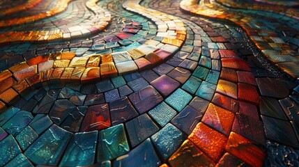 A detailed image of a mosaic tile pattern with vibrant colors.