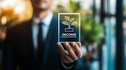 Businessman Holding a Hologram of a Plant with 'Income' Text