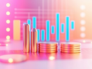 Poster - Abstract Financial Growth Concept with Shiny Gold Bars and Stacks of Coins on Pink Grid Background.