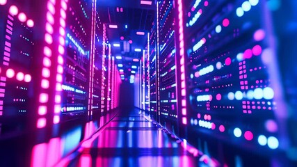 Poster - Data center with a row of computer servers. Abstract generic concept of cyberspace, communication and technology.