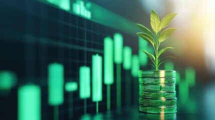 Sticker - Green Plant Growing on Stack of Coins with Stock Market Chart in Background.