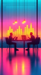 Canvas Print - Business Partners Meeting with City Skyline and Graph in Background.