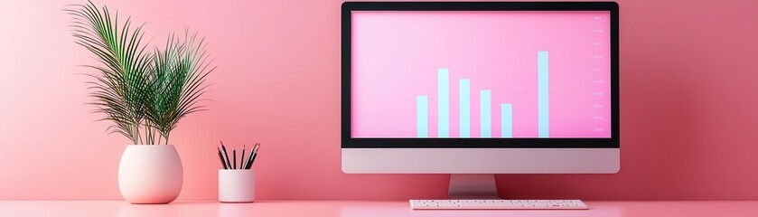 Poster - Minimalist Pink Desk Setup with Bar Chart on Computer Screen.