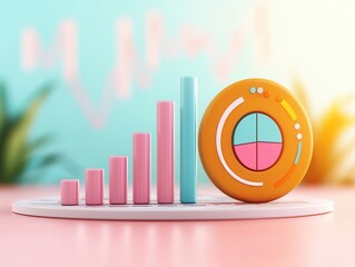 Poster - 3D Colorful Bar Graph and Pie Chart on Pink Background.