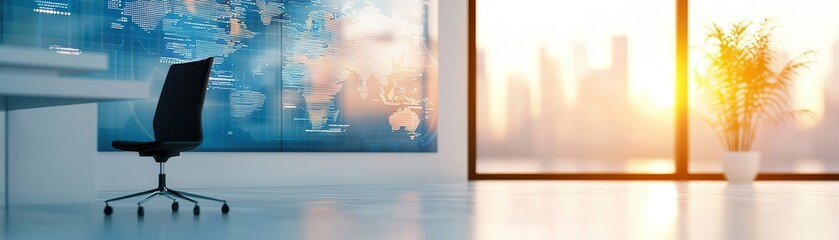 Poster - Modern Office Interior with World Map and Sunset View.