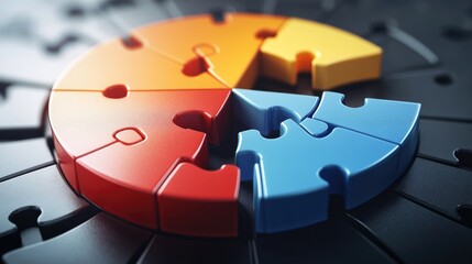 Fototapete - 3D pie chart made of puzzle pieces, with each piece slightly lifted, symbolizing data integration