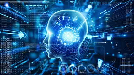Poster - A futuristic composition with human and digital components. Artificial intelligence concept.