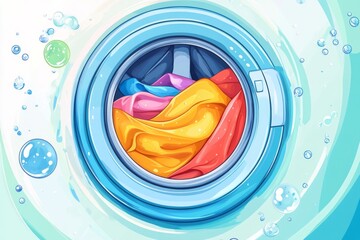 Vibrant illustration of colorful clothes spinning inside washing machine with bubbles and soap suds