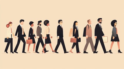 Corporate team of diverse businessmen and businesswomen walking together on a city street or sidewalk as part of their commute or daily work routine in a professional business setting