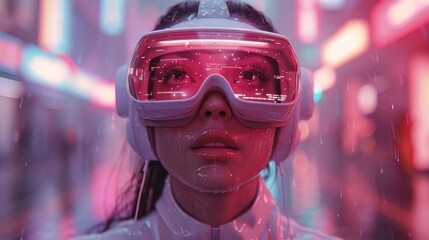 Poster - Create a futuristic scene featuring VR goggles immersed in a virtual world, with AI-generated animations enhancing the experience.