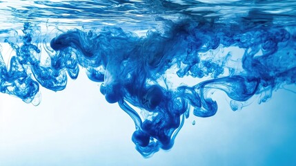 Poster - Blue ink dropping into clear water, creating swirling patterns and abstract shapes