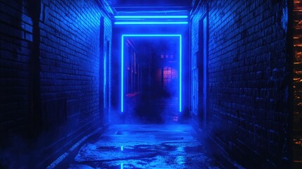 Poster - Blue neon lights illuminating a dark alley, urban nightlife scene with moody vibes