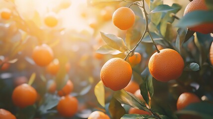 Fresh ripe orange on a vine with yellow and orange leaves