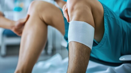 Close-up of a medical professional applying a safety bandage to an injured leg, 16:9 aspect ratio, [injury], [medical safety treatment].