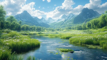 Poster - A beautiful mountain landscape with a river running through it