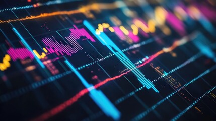 Poster - Close-up of a financial graph with fluctuating stock market trends and colorful line charts on a digital screen