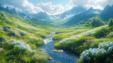 Poster - A beautiful mountain valley with a river running through it