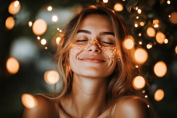 Wall Mural - Woman smiling with glowing golden light particles around her face symbolizing happiness serenity and the radiant energy of inner beauty and joy