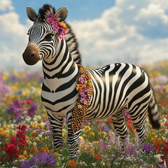 Wall Mural - Portrait of zebra wearing leopard fur in flower field