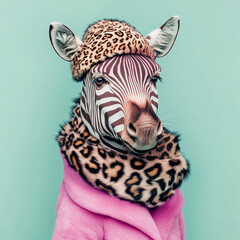 Wall Mural - Close-up portrait of cute zebra wearing leopard fur cap on pastel green background