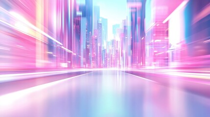 Abstract futuristic city background with light speed lines and blurred skyscrapers on a white background. 