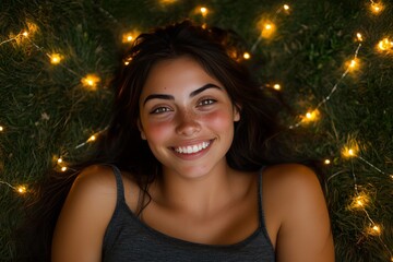 Wall Mural - Woman lying in grass with glowing fairy lights around her symbolizing peace relaxation and the calm joyful energy of connecting with nature