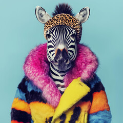 Wall Mural - Close-up portrait of cute zebra wearing leopard fur cap and winter coat on pastel background