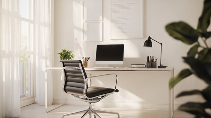 Close-up of a minimalist home office with a sleek desk, ergonomic chair, and minimalistic decor, focusing on a clean workspace