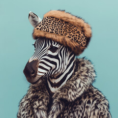 Wall Mural - Close-up portrait of cute zebra wearing leopard fur cap and winter coat on pastel background