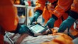 © bajita111122 - Detailed shot of paramedics using a defibrillator on a patient during a medical emergency, 16:9 ratio, [emergency treatment], [injury trauma].