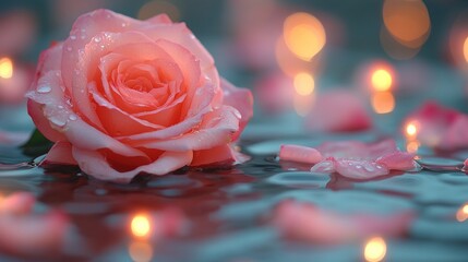 Wall Mural - Pink Rose in Water with Lights