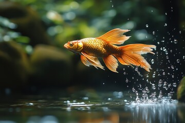 Golden fish leaping out of the water, splashing droplets, capturing motion and beauty in a serene aquatic environment.