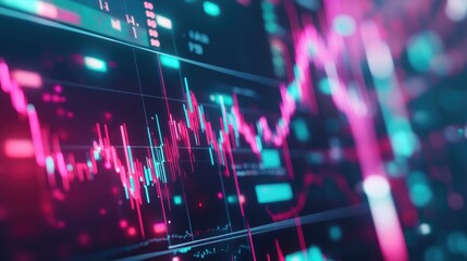 Poster - Close-up of a stock chart with dynamic candlestick patterns and fluctuating lines on a digital screen